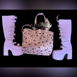 Purple bat shoulder bag with purple spider knee high boots